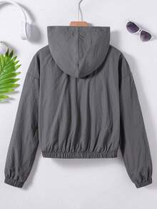 SHEIN 青少年女孩休閒返校灰色素色拉鍊連帽外套，附口袋與收緊下擺 - 灰色 - 查看 2
