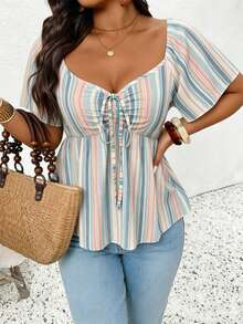 SHEIN Frenchy Vacation Casual Striped Short Sleeve Plus Size T-Shirt - Multicolor - View 5