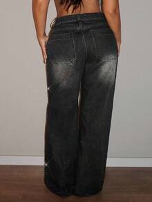 Jeanoix Plus Size Women's Fashion Rhinestone Embellished Washed Denim Wide Leg Pants Rave Black Summer - Black - View 2