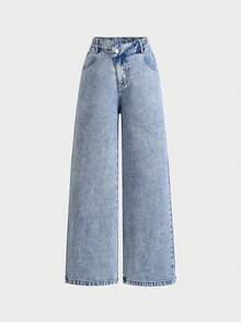 SHEIN Girls' Denim Jeans Y2K Style, Light Blue Vintage Wash, Featuring Bow Embroidery On The Back Pockets; Stylish And Versatile. - Light Wash - View 3