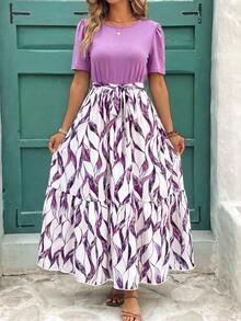 Reflora Plus Size Floral Print Ruffle Hem Short Sleeve Round Neck Long Dress - Purple - View 1