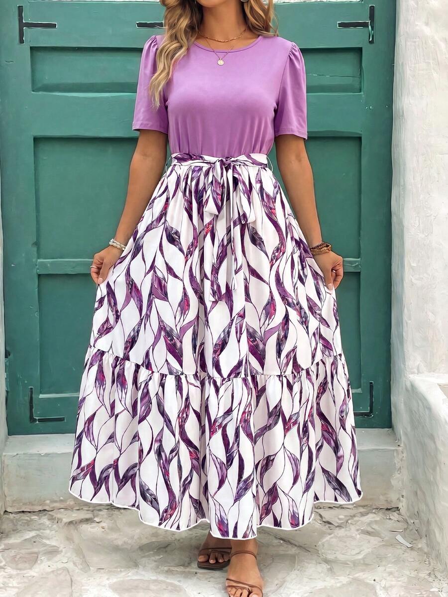 Reflora Plus Size Floral Print Ruffle Hem Short Sleeve Round Neck Long Dress - Purple - View 1