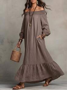 Livesso Rochie lungă de vară pentru femei, stil casual de vacanță, own-shoulder, fluidă și largă - Cafea - Vizualizare 4