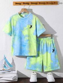 SHEIN 2件組兒童青少年男孩基礎休閒日常舒適印花紮染布料圓領套頭短袖寬鬆版型T恤與短褲針織套裝 - 藍色 - 查看 3