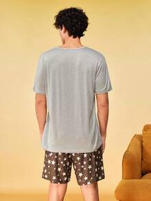 SHEIN Men's Bear & Star Print Crew Neck Loungewear/Casual Set - Light Grey - View 3