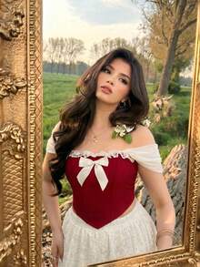 SHEIN MOD Plus Size Women Red Bow Front Lace Trim Paisley Hem Bustier Corset Top – Vintage Elegant Court Style, Date Tea Party Summer - Red - View 2