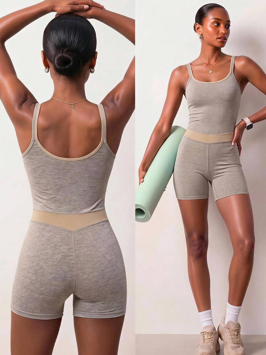 Zivah Athleisure Light Khaki Sleeveless Round Neck Contrast Trim Spaghetti Strap Sports Jumpsuit For Gym Pilates Summer Workout