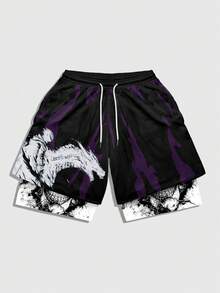 ROMWE MEN Goth 男士深色動漫骷髏騎士印花 2 合 1 短褲 - 彩色 - 查看 3