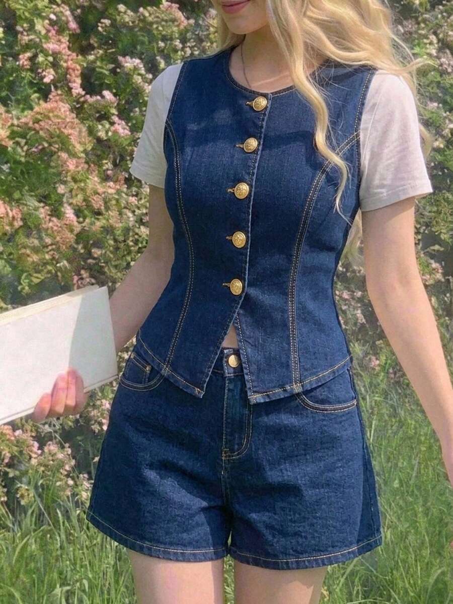SHEIN MOD 大码女式夏季休闲日常通勤单排扣修身牛仔衬衫 - 藍色 - 查看 1
