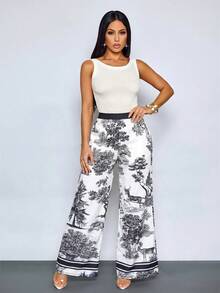 SOLERSUN Long Wide Leg White And Black Plants Pattern Boho Elegant Fabric Pants Vacation Autumn - Black - View 7