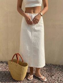 DAZY Solid Color Slit Pocket Women Straight Long Casual Denim Skirt Jeans Skirt - White - View 12