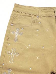 Manfinity EMRG Shorts de mezclilla casuales elásticos con diseño de strass cruzado estilo calle para hombres - Caqui - Ver 5