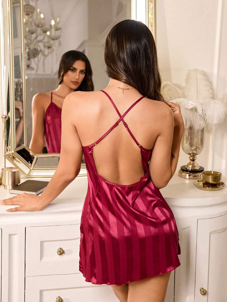 LuxeNights V-Neck Satin Jacquard Striped Back Cross Strap Burgundy Backless Women's Nightgown - Burgundy - View 1
