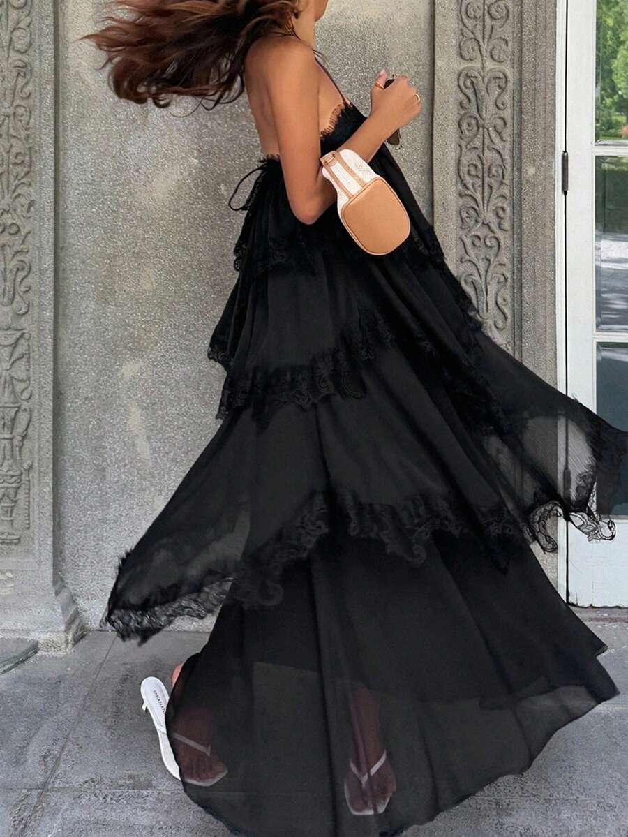 DAZY 春夏女款蕾絲拼接百褶休閒派對旅行中長細肩帶洋裝 - 黑色 - 查看 1