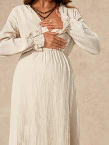 Boho Mama Apricot A-Line Dress With Ruffled Cuffs Cotton Fabric Suitable For Autumn Daily Wear Photoshoot And Vacation Country Style Maternity Normal For Women - Khaki - View 11