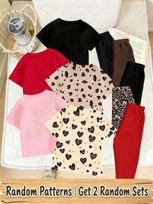 隨機5套，發送2套 春夏秋季女童幼童時尚創意可愛豹紋愛心蝴蝶卡哇伊兔子熊3x3格愛心形可愛印花休閒度假風基本短T恤+內搭褲套裝 - 彩色 - 查看 2