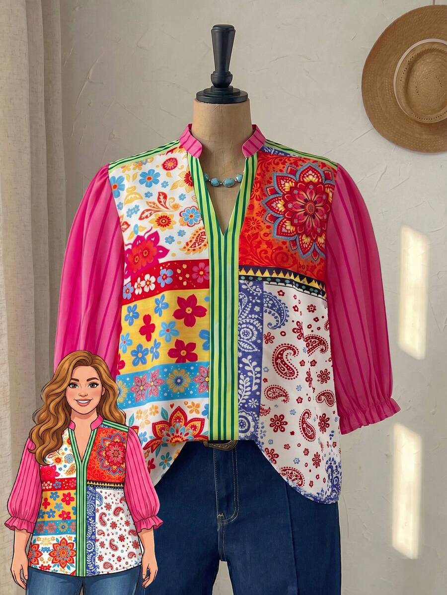 Rusticease Plus Size Casual Vacation Floral Print Patchwork Shirt - Multicolor - View 1