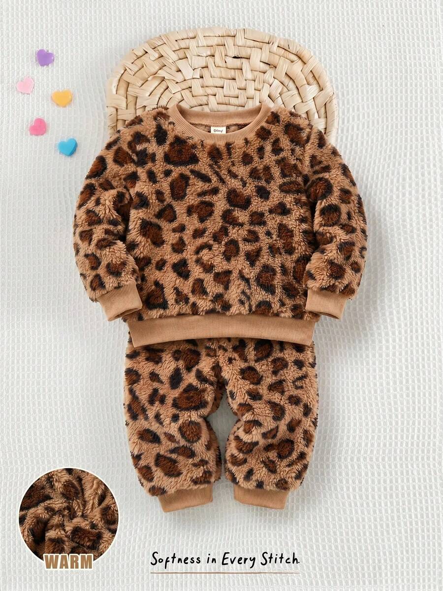 Cozy Pixies 女嬰豹紋抓絨內裡加厚撞色圓領長袖套頭運動衫與慢跑褲兩件套 - 彩色 - 查看 1