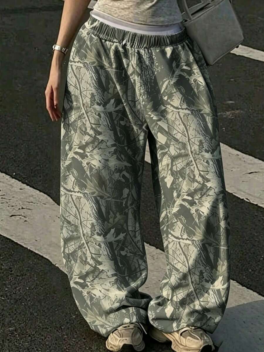 SHEIN 青少年女孩抽繩下擺寬腿休閒運動長褲 - 軍綠色 - 查看 1