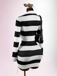 Amplova POLO Collar Pony Logo Split Tie Design Back To School Street Style Women's Mini Vintage Dress - Black and White - View 9