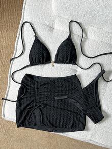 Swim SXY 針織提花布料掛脖綁帶金屬吊墜比基尼與迷你裙 3 件套 - 黑色 - 查看 2