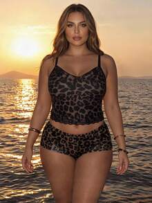 Swim SXY Plus Size Women's Leopard Print Single Piece Spaghetti Strap Bikini Swimsuit Top For Vacation And Beach Summer Sexy - Multicolor - View 6