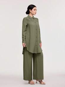 Veilorie 女款純色長袖上衣與長褲休閒日常兩件套 - 軍綠色 - 查看 4