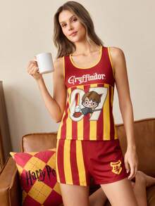 HARRY POTTER X SHEIN Damen Buchstaben & Zahlen Muster Top und Shorts Lässig Alltag Zuhause Schlafanzug Set - Verschiedenfarbig - Übersicht 3