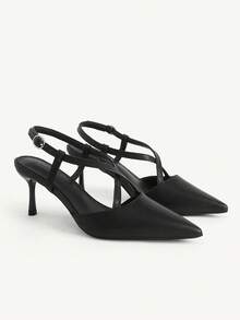 CUCCOO CHICEST Women's Shoes New Pointed Cross Strap Rear Strap Women's High Heel Shoes Thin Heel Black PU Versatile Commuter Shoes Temperament Dating Party - Black - View 4