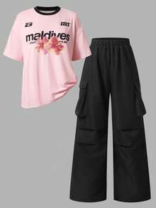 SHEIN 青少年女孩數字貼布印花短袖T恤與工裝褲兩件套 開學季 - 粉色 - 查看 4