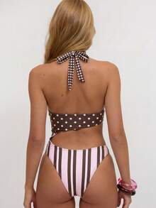 Musera Resort Mixed Print Ring Detail Halterneck Swimsuit Summer Swim Beach Vacation Sexy Cute Travel Bambola - Brown - View 2