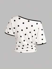 SHEIN 兒童青少年女孩 T-Shirt 春夏新款 波點圖案 黑白配色拼接飾邊 收腰短袖針織素色 全季休閒 Y2K 基本款露肩收腰 T-Shirt 百搭流行款 返校季 - 黑與白 - 查看 2