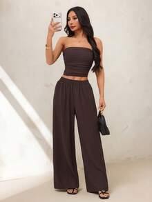 SHEIN PETITE 2026春夏新款女裝－棕色露肩T恤與休閒長褲套裝，適合夏季穿著，適用於居家、外出、海邊旅行、時尚造型、休閒穿搭、通勤、度假、浪漫場合與日常穿著，搭配多樣化造型 - 棕色 - 查看 6