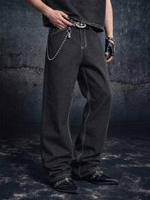 Manfinity ZONE917 Men's Geometric Pattern Pocket Straight Leg Casual Jeans Going Out Hang Out Commute Vacation Street, Grunge - Black - View 2