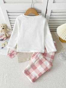 SHEIN 2件組秋冬雙面法蘭絨抓絨少女套裝，可愛精緻熊刺繡，簡約白色長袖上衣搭配休閒下裝 - 粉色 - 查看 3