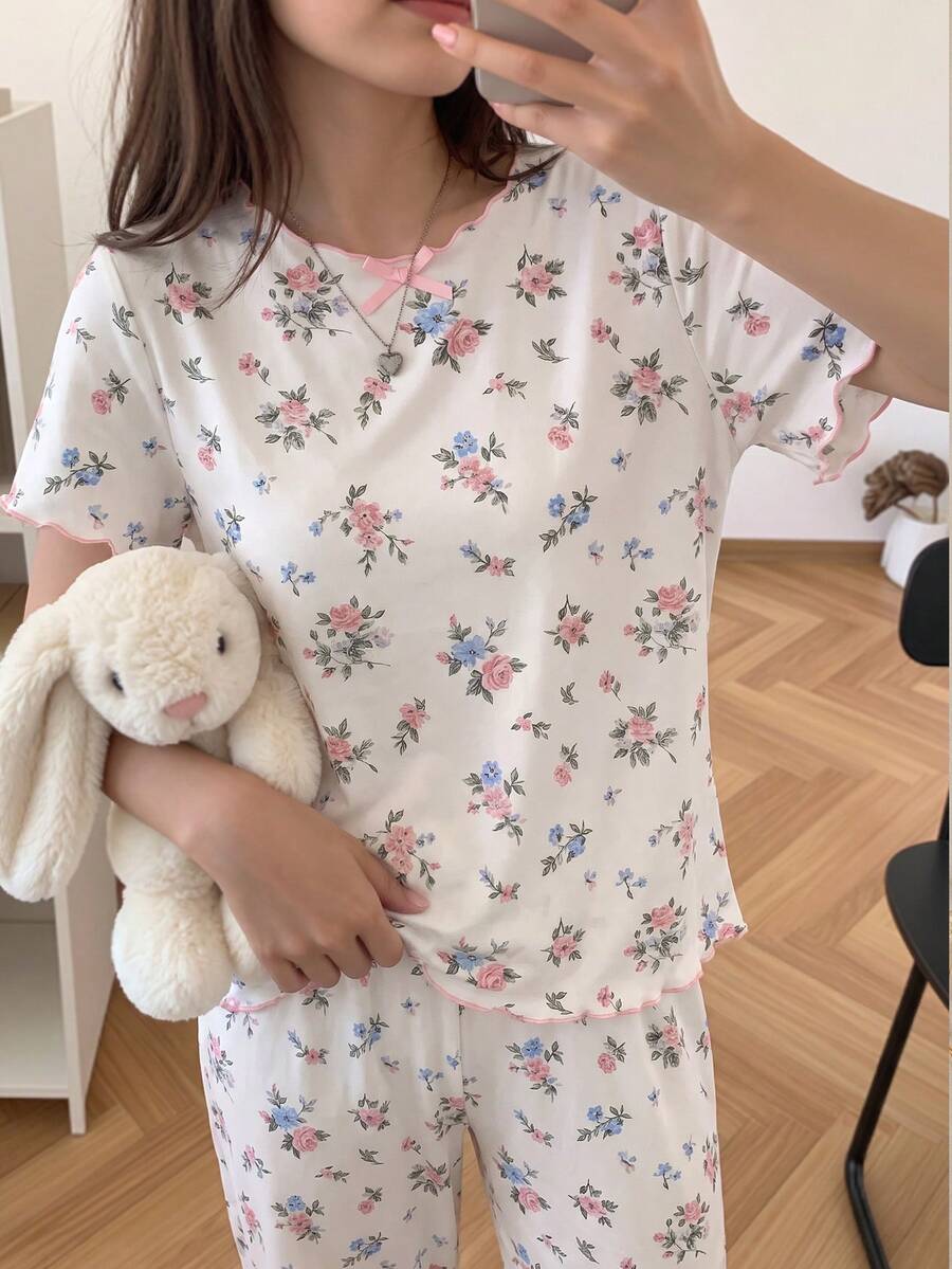 少女睡衣兩件套,優雅清新碎花配色塊波浪飾邊,3D蝴蝶結裝飾,短袖上衣與長褲家居休閒睡衣,1套 - 白色 - 查看 1