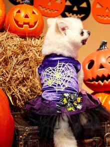 PETSIN 1pc Pet Halloween Purple Velvet Splice Metallic Mesh Spider Print Witch Costume Dress For Cats & Dogs - Multicolor - View 9
