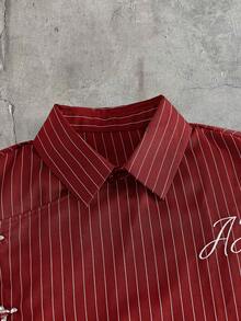 AXEPEAK Men's Versatile Embroidered Striped Short Sleeve Shirt With Airplane Buttons - Red - View 4