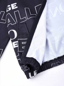 SHEIN 青少年女孩字母印花長袖拉鍊休閒連帽外套 - 黑與白 - 查看 5