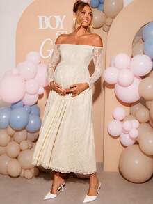Loomaby Elegant Maternity Party Photoshoot Solid Color Lace Off-Shoulder Dress Wedding Floral White Autumn - Yellow - View 11