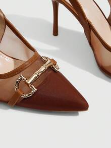 CUCCOO SZL Women Shoes Multi-Color Mesh Stitching Metal Buckle Pointed Heel Back Tripple Sandals Light And Sweet Style Spring And Summer Models Suitable For Work - Brown - View 5