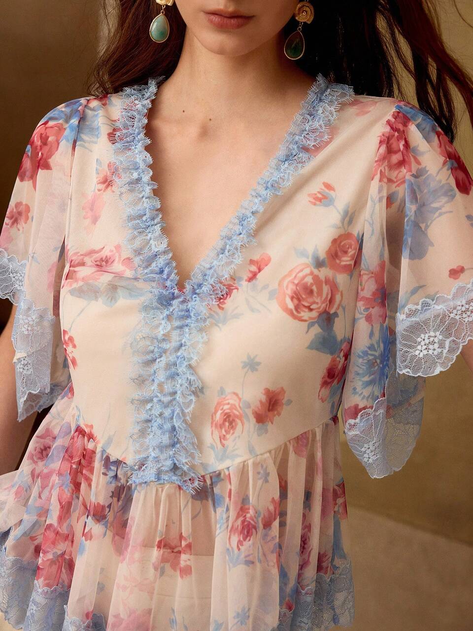 SPRING/SUMMER WOMEN'S MESH PRINTED LACE PATCHWORK ROMANTIC ETHEREAL BLOUSE