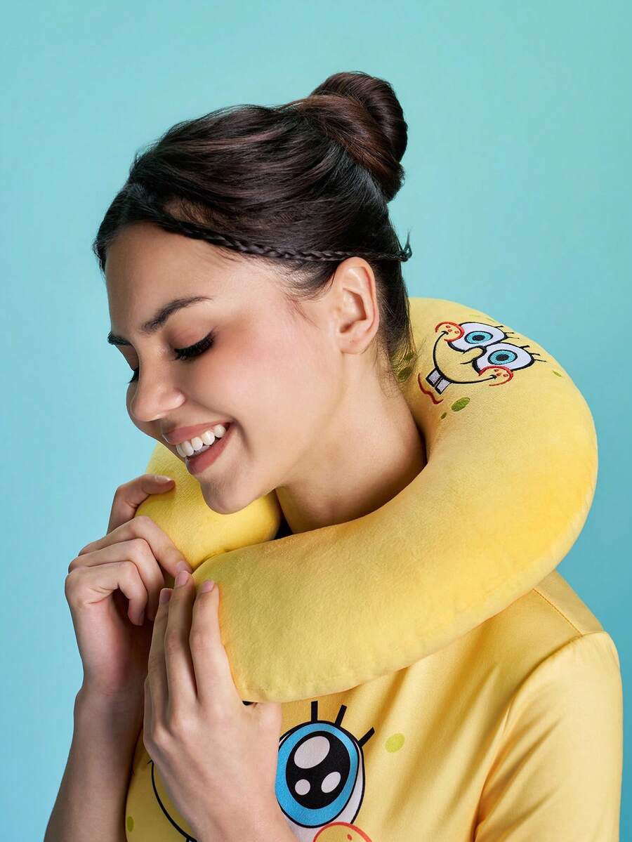 SpongeBob SquarePants | SHEIN 柔軟可愛刺繡U型枕，旅行與辦公室必備 - 黃色 - 查看 1