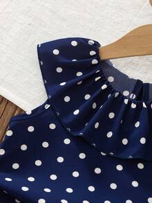 SHEIN Vintaside Kids 女童深藍色波點無袖荷葉邊兩件套，上衣配精緻荷葉領與無袖剪裁，下身配同款布料寬腿褲，適合居家玩耍、小睡、散步、公園遊玩與短途旅行 - 藏蓝色 - 查看 7