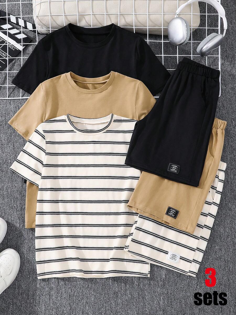 SHEIN 6件組兒童青少年男孩舒適休閒風圓領短袖條紋T恤上衣附織標裝飾短褲套裝,多件裝,適合外出、街頭風、派對、居家與休閒 - 彩色 - 查看 1