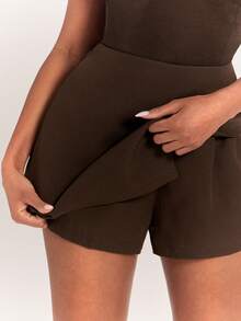 Radiana Vintage Chic Dark Brown Solid Color High Waist Shorts, Mini Skirt Shorts, Business Bottoms, Versatile, Casual Outings, Commuting, Office Going Out - Coffee Brown - View 6