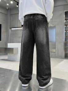 大童男孩牛仔褲，時尚休閒復古 Y2K 百搭極簡寬鬆舒適直筒牛仔褲，適合日常穿著、返校、休閒通勤、假期旅行等，新款寬鬆復古黑色百搭兒童牛仔褲 - 黑色 - 查看 2