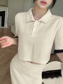 Modelyn Korean Style Lace Patchwork Polo Collar Textured Summer Short Sleeve Elegant Casual Versatile Women's Cropped Shirt Formal Party Black And White - Multicolor - View 6