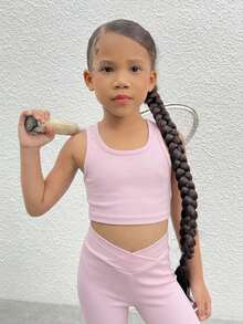 SHEIN Top de tirantes corto de punto de color liso para niña joven, ropa deportiva - Rosa Pálido - Ver 2