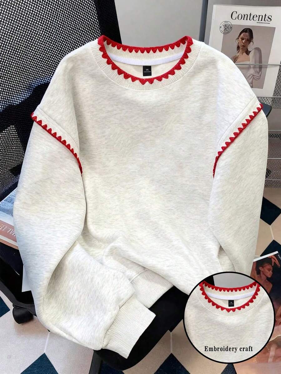Flirla 大尺碼女款刺繡圓領保暖內裡休閒衛衣,秋冬款 - 淺灰色 - 查看 1